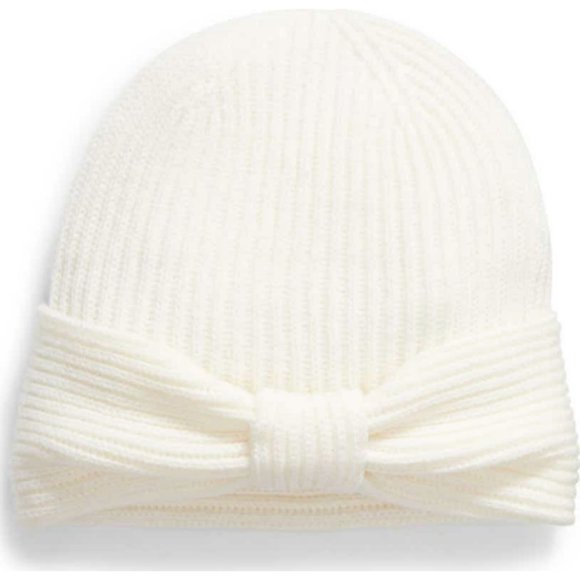 Kate Spade Cream Solid Bow Reversible Beanie
